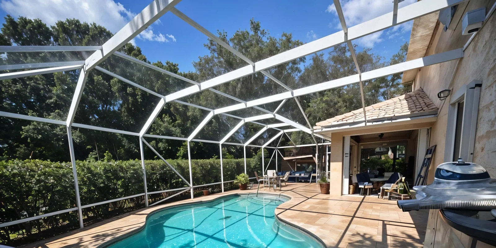 A pool cage over a curved pool and paver deck